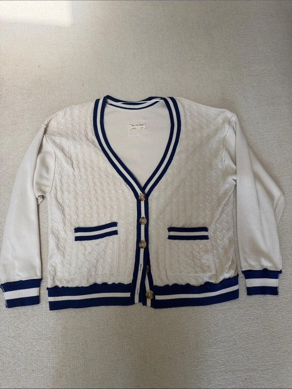 Free People White Cable Knit Cardigan with Navy Trim